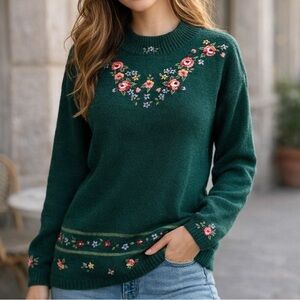 New Look Vintage Green Embroidered Floral Knit Grandma Core Sweater Size Medium